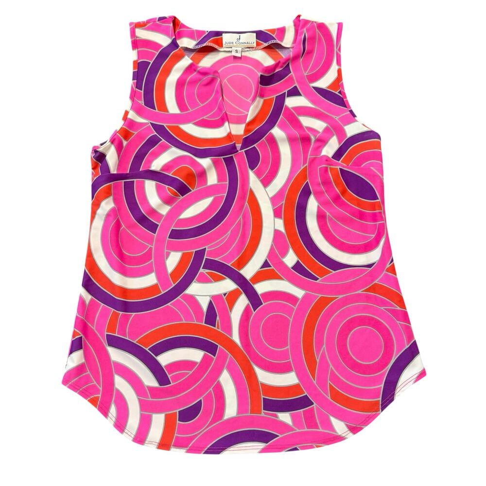 Jude Connolly Bright pink purple red geo tank, split neck, nylon/spandex, Size S
